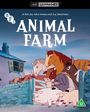 "Animal Farm" in großen Buchstaben. Zeichentricktiere, wie Pferde und Schweine, schauen entschlossen über einen Zaun.