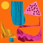Keine Texte erkennbar. Abstrakte Illustration mit bunten geometrischen Formen auf orangefarbenem Hintergrund.