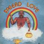 "SPREAD LOVE" in großen Buchstaben. Eine Illustration eines muskulösen Mannes mit Regenbogen hinter ihm, schwebend auf Wolken.