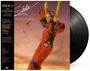 "Sheila and B. Devotion - King of the World" und Liedtitel. Frau in rotem Fallschirmspringeranzug am Himmel. Vinyl-Schallplatte.