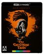 "Dario Argento's The Cat O' Nine Tails" in orange Schrift. Illustration einer Katze mit bedrohlicher Klaue und Frau.