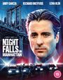 Text: "ANDY GARCIA RICHARD DREYFUSS LENA OLIN. A SIDNEY LUMET FILM NIGHT FALLS ON MANHATTAN." Illustration: Gesicht eines Mannes, Brücke, Polizeiautos.