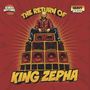 "The Return of King Zepha." Illustration: Person auf Lautsprecherstapel, rote Explosion im Hintergrund, Logos "Global Rhythms" und "Heavy Bass".