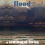 Text: "flood, a new way of living". Illustration: Wolken über einem Ozean, ein Gesicht erscheint hinter den Wolken.