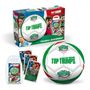 „Top Trumps“, „Welt Fußball Stars“, „Fussball-Geschenkset“. Eine bunte Verpackung mit Ball und Spielkarten.