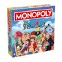 "MONOPOLY", "ONE PIECE"; bunte Charaktere aus der Serie, in fröhlicher Pose, mit Kartenmotiven im Hintergrund.