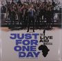 Text: "JUST FOR ONE DAY - THE LIVE AID MUSICAL". Unten steht "ORIGINAL CAST RECORDING". Eine Bühne voller Menschen.