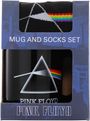„Mug and Socks Set“ und „Pink Floyd“ in blauer Verpackung mit Prismendesign und Regenbogen.