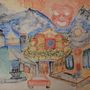 Illustration mit bunten Gebäuden, Bergen und einem großen roten Gesicht am Himmel. Eine Straße führt in die Szene.