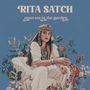 Text: "RITA SATCH", "meet me in the garden". Frau mit Kopfschmuck im weißen Outfit, umgeben von bunten Blumen.
