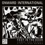 Texte: ONWARD INTERNATIONAL, FOOT IN THE DOOR, SAMBA DOO BONNAY, 21ST FLOOR MAMBO. Schwarz-weiße Jazz-Illustration.