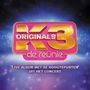 Text: "K3 Originals de reünie. Live album met de hoogtepunten uit het concert." Buntes, leuchtendes Design auf blauem Hintergrund.
