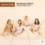 "Quatuor Zaïde. Beethoven Folk #1. String Quartets Op.18." Vier Frauen in heller Kleidung sitzen mit Streichbögen.