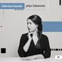 „Célimène Daudet plays Sakamoto“. Frau mit Zopf, schwarze Kleidung, sitzt an Tisch, Hintergrund mit blauen und schwarzen Elementen.