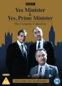 „Yes Minister & Yes, Prime Minister: The Complete Collection.“ Drei Männer in Anzügen, Großbritanniens Silhouette im Hintergrund.