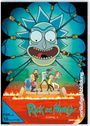 "Rick and Morty Staffel 9". Große, wütende Cartoon-Gesicht im Zentrum, Figuren auf einem Floß in Lava unten.