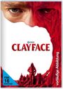 "CLAYFACE", blasser Hintergrund mit einem halb roten Gesicht, darunter eine rote Stadtlandschaft und eine Figur im Hoodie.