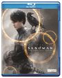 Texte: "The Sandman: The Complete Series". Illustration eines Manns mit Rabe, umgeben von leuchtenden Kreisen.