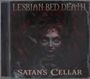 Oben steht "Lesbian Bed Death", unten "Satan's Cellar". Eine Illustration zeigt ein dämonisches Gesicht mit glühenden Augen.