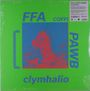 "FFA COFFI PAWB", "clymhalio", "1991". Grüne Fläche mit blauer und roter Illustration, stilisierte Figur in der Mitte.
