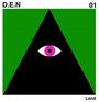 Text: "D.E.N", "01", "Land". Ein schwarzes Dreieck mit einem magenta-weißen Auge auf grünem Hintergrund.