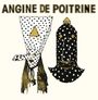"ANGINE DE POITRINE." Zwei maskierte Figuren mit Punktmustern und goldenen Details, kreativ und geheimnisvoll gestaltet.