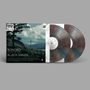 Text: "BONOBO BLACK SANDS." Eine Landschaft mit einem Berg und Baum, zwei Schallplatten mit marmoriertem Muster.