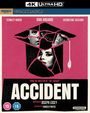 „Accident“, Regie von Joseph Losey, Drehbuch von Harold Pinter. Zerbrochener Mörserhut mit Gesichtern, pinker Hintergrund.