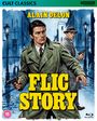 "CULT CLASSICS", "ALAIN DELON", "FLIC STORY". Illustration von zwei Männern mit Waffen in Mantel vor einer blauen Stadtkulisse.