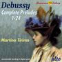 "Debussy Complete Preludes 1-24, Martino Tirimo", rechts ein pastellfarbenes Profil einer Frau mit Hut.