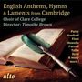 Text: "English Anthems, Hymns & Laments from Cambridge". Ein aufgeschlagenes Buch mit grünem Federkiel.