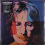 Text: "JOHN LENNON LIVE IN NEW YORK 1972. LIMITED EDITION OF 500 ON BLUE VINYL." Illustration: Buntes Porträt eines Mannes.