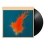 Illustration: Ein schwarzes Vinyl neben einem Cover mit orangefarbenem Klecks und zwei großen Augen auf blauem Hintergrund.