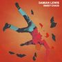 Text: "DAMIAN LEWIS SWEET CHAOS". Illustration eines fallenden Mannes in stilisierten Farben auf rotem Hintergrund.