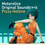 Text: "Motorslice Original Soundtrack Pizza Hotline". Illustration: Person mit blauen Haaren und orangefarbener Kleidung, sitzt entspannt.