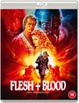 "FLESH + BLOOD" steht unten. Ein mittelalterlicher Krieger und weitere Charaktere vor einer dramatischen Kulisse.