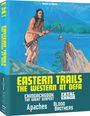 "Eastern Trails: The Western at DEFA" in gelber Schrift, Namen wie "Chingachgook" und "Apaches". Illustration eines Mannes mit Gewehr vor Bergkulisse.
