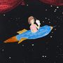 Eine Illustration: Ein Kind fliegt in einer Rakete im Weltraum und hält ein Mobiltelefon. Im Hintergrund sind Sterne sichtbar.