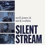 "neil jones & nick corbin SILENT STREAM" in blauen Buchstaben, mit vier Fotos von Musikern und Instrumenten.