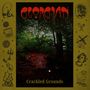 "GEORGIAN" in Rot. "Crackled Grounds" darunter. Naturbild mit Baum. Verziert mit Illustrationen von Feuer, Windmühle und Porträts.