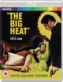 "THE BIG HEAT" steht in gelben Buchstaben. Eine Frau in einem grünen Kleid telefoniert, ein Mann hält eine Waffe.
