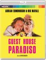 "ADRIAN EDMONDSON & RIK MAYALL", "GUEST HOUSE PARADISO". Zwei Männer in komischer Pose auf gelbem Hintergrund.