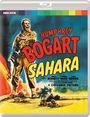 „Humphrey Bogart Sahara“. Illustration: Soldat mit Waffe, Explosion links, Wüste mit Palmen vorne, Panzer im Hintergrund.