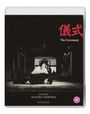Text: "The Ceremony, A film by Nagisa Oshima". Schwarz-weißes Foto von zwei Personen in einem traditionellen Raum.
