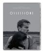 Text: "A FILM BY LUCHINO VISCONTI, OSSESSIONE, RADIANCE". Schwarz-Weiß-Foto: Mann umarmt eine Person, Landschaft im Hintergrund.