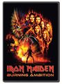 "Iron Maiden, Burning Ambition" in roter Schrift. Ein Monster mit Flammen und Gesichtern, Gebäude und eine Gestalt vor Feuer.