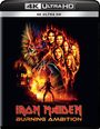 Text oben: "4K ULTRA HD 4K ULTRA HD". Text unten: "IRON MAIDEN BURNING AMBITION". Illustration zeigt Flammen und Gesichter.