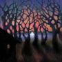 Texte auf der Schallplatte: "comedy", "odd a", "nance", "thread". Blau-violette Schallplatte, Illustration mit Bäumen im Sonnenuntergang.