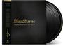 „Bloodborne Original Soundtrack Vol. I & II“ in goldener Schrift auf schwarzem Hintergrund, daneben schwarze Schallplatten.