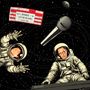 Ein Ticket mit "SPARKS LIVE ON THE MOON", große Mikrofon-, zwei Astronautenfiguren schwebend im Weltraum.